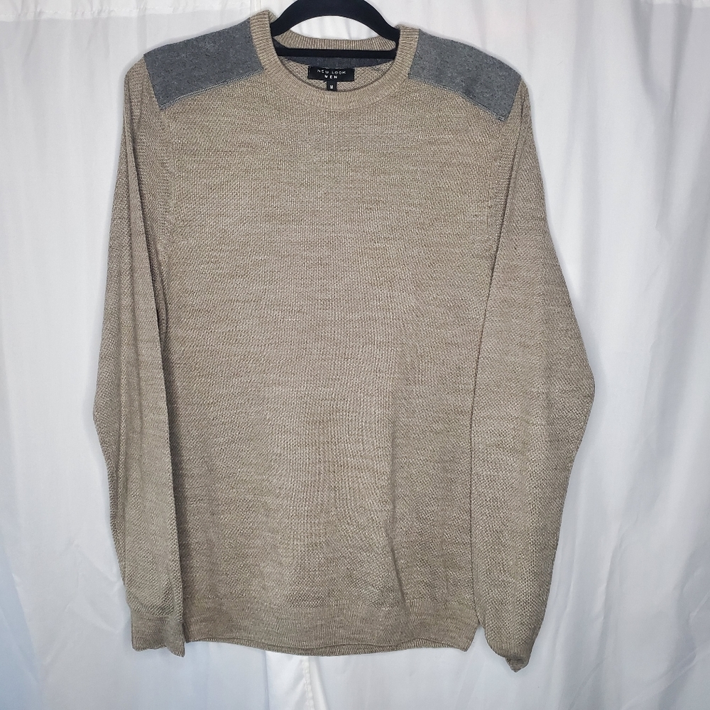 ♧ New Look Tan and Gray Waffle Knit Long-sleeve Sweater Gray Size Medium